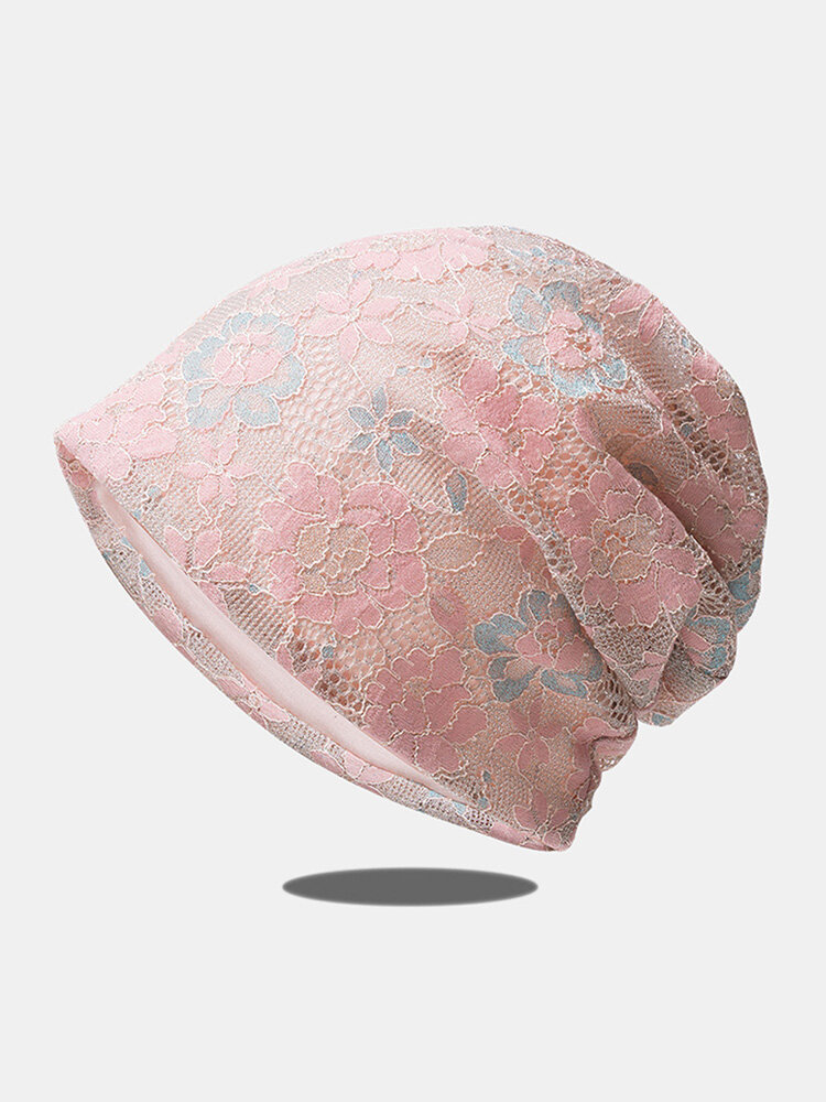 Women Lace Calico Jacquard Breathable All-match Beanie Hat