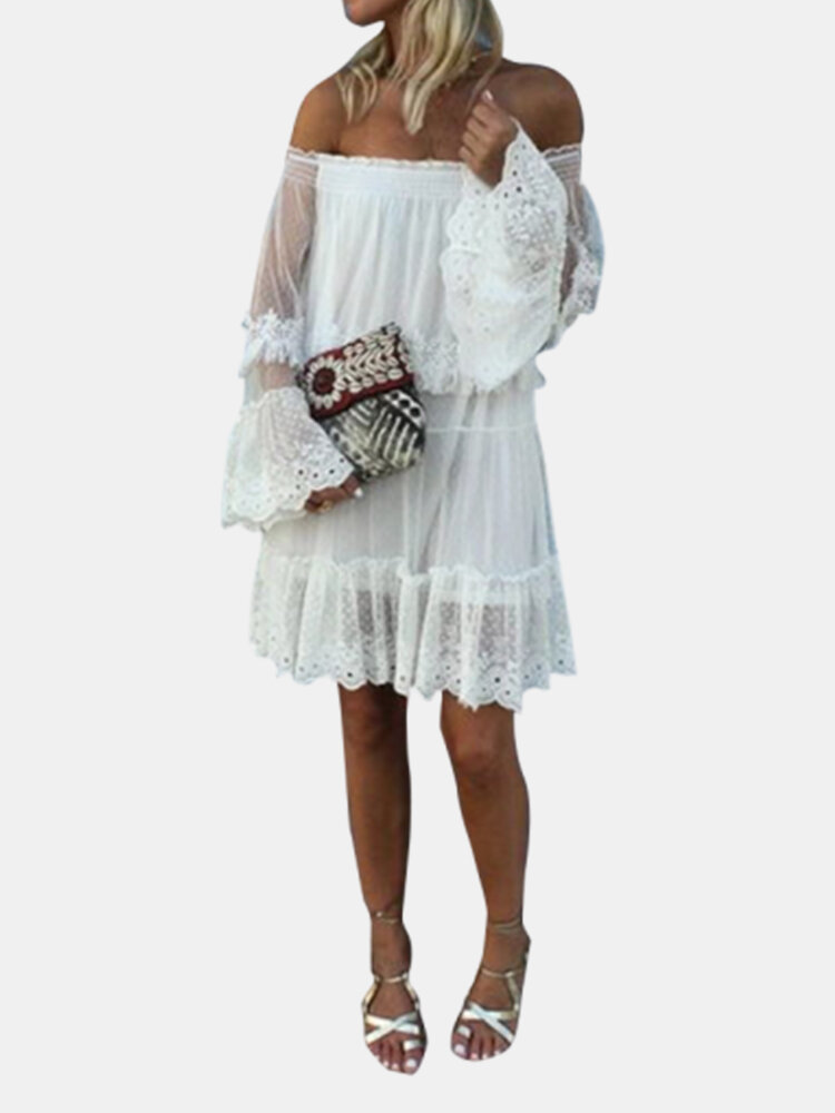Flare Sleeve Off Shoulder Elastic Lace Patchwork Dress