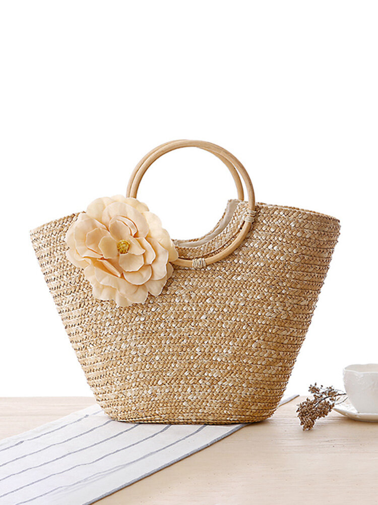 Women Straw Flowers Bag Hand Woven Straw Beach Bag Leisure Holiday Handbag