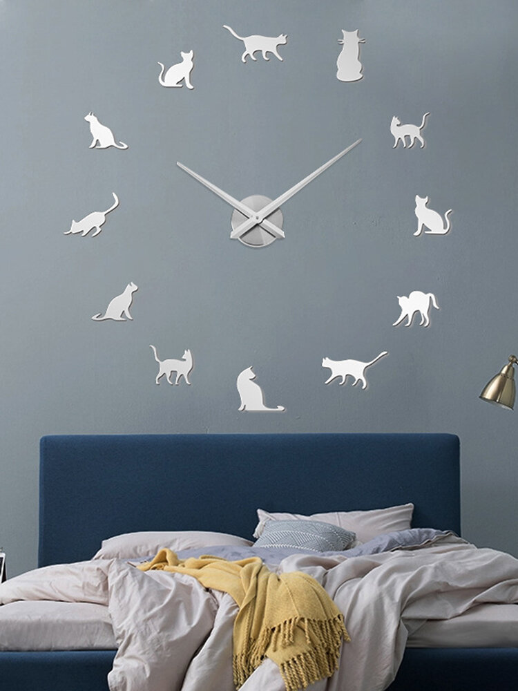 

Cat DIY Three-dimensional Wall Sticker Wall Clock Living Room Decoration Clock Nordic Simple Clock Wall Clock, Black;gold;silver