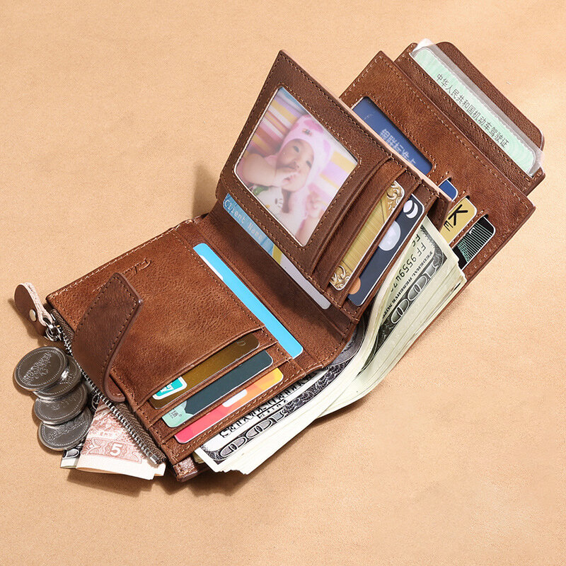 

Genuine Leather RFID Anti-theft SIM Card Slot Multi-card Slots Large Capacity Foldable Card Holder Wallet, Dark blue;coffee;brown