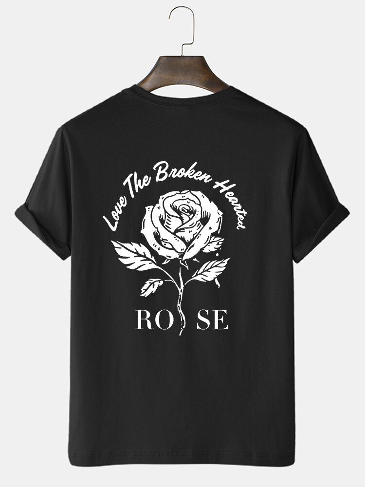 Mens Monochrome Rose Slogan Back Print Cotton Short Sleeve T-Shirts