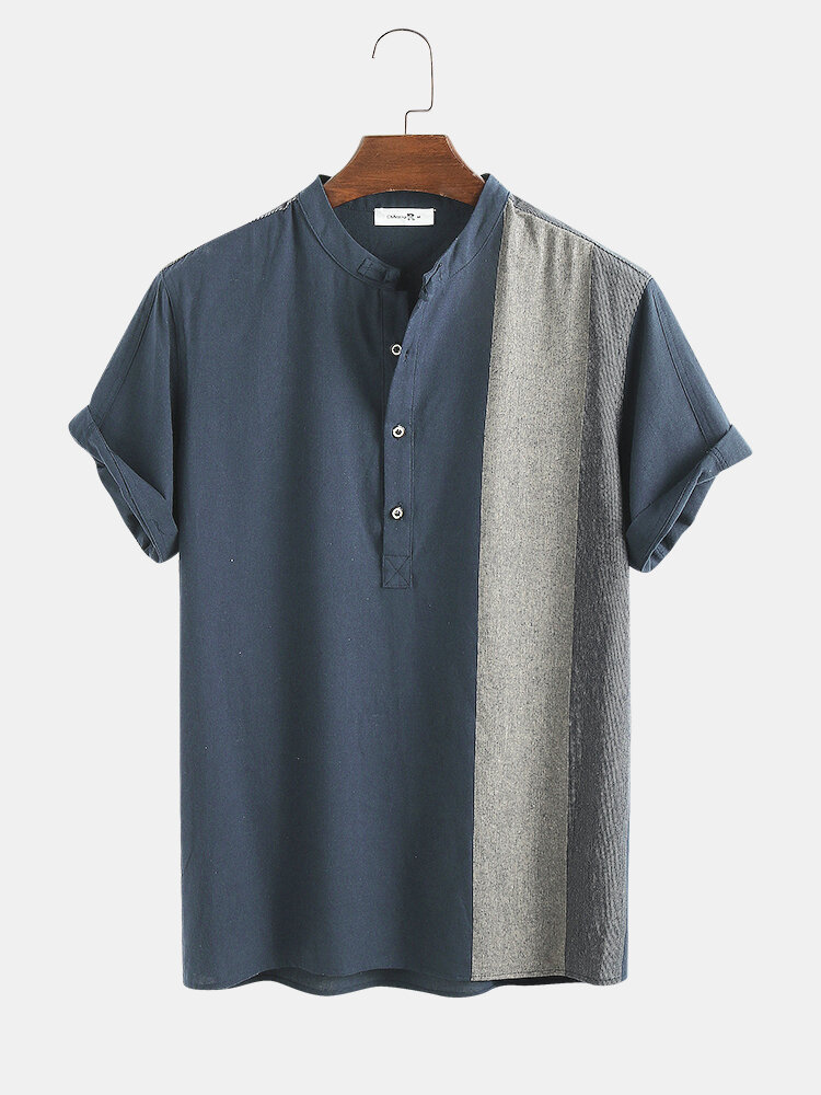 Mens 100% Cotton Contrast Color Casual Short Sleeve Henley Shirt