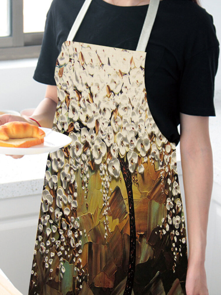 3D Tree Painting Pattern Cleaning Colorful Aprons Home Cooking Kitchen Apron Cook Wear Cotton Linen Adult Bibs