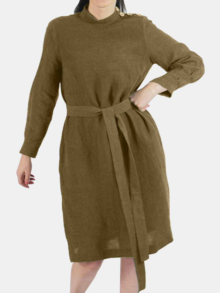 Casual Solid Color Button Long Sleeve Cotton Midi Dress With Belt