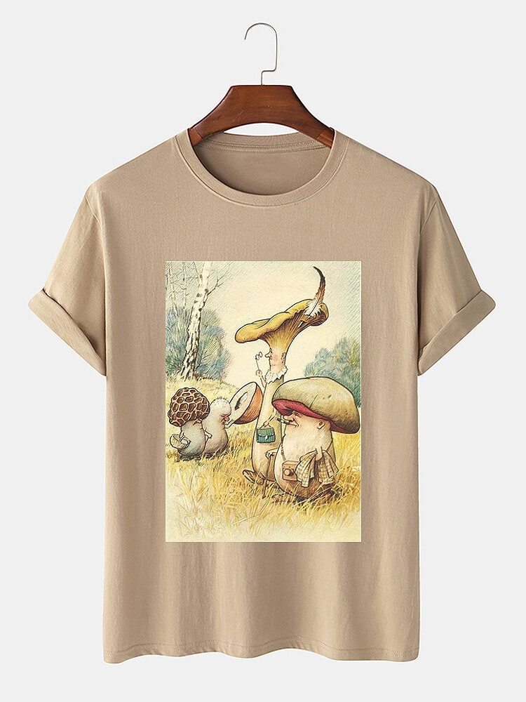 Mens Funny Cartoon Mushroom Graphic Print Plain Cotton T-Shirt