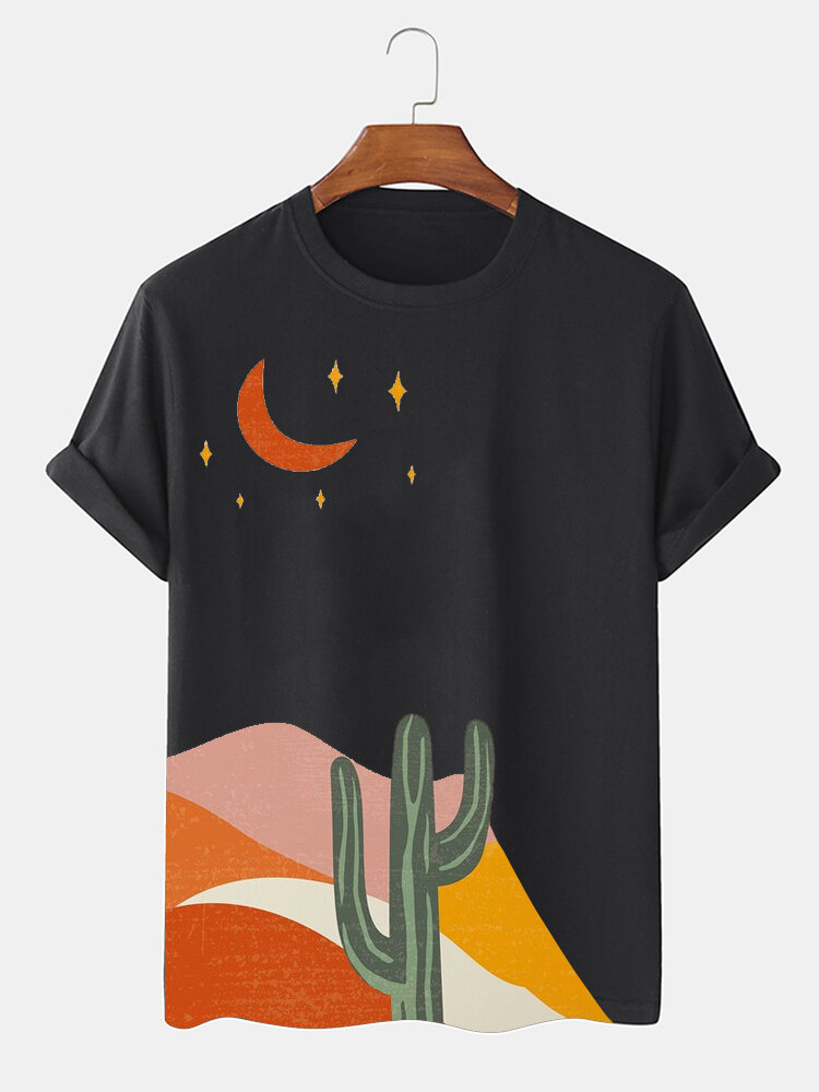 Uomo Desert Cactus Painting Crew Collo T-shirt a maniche corte invernali