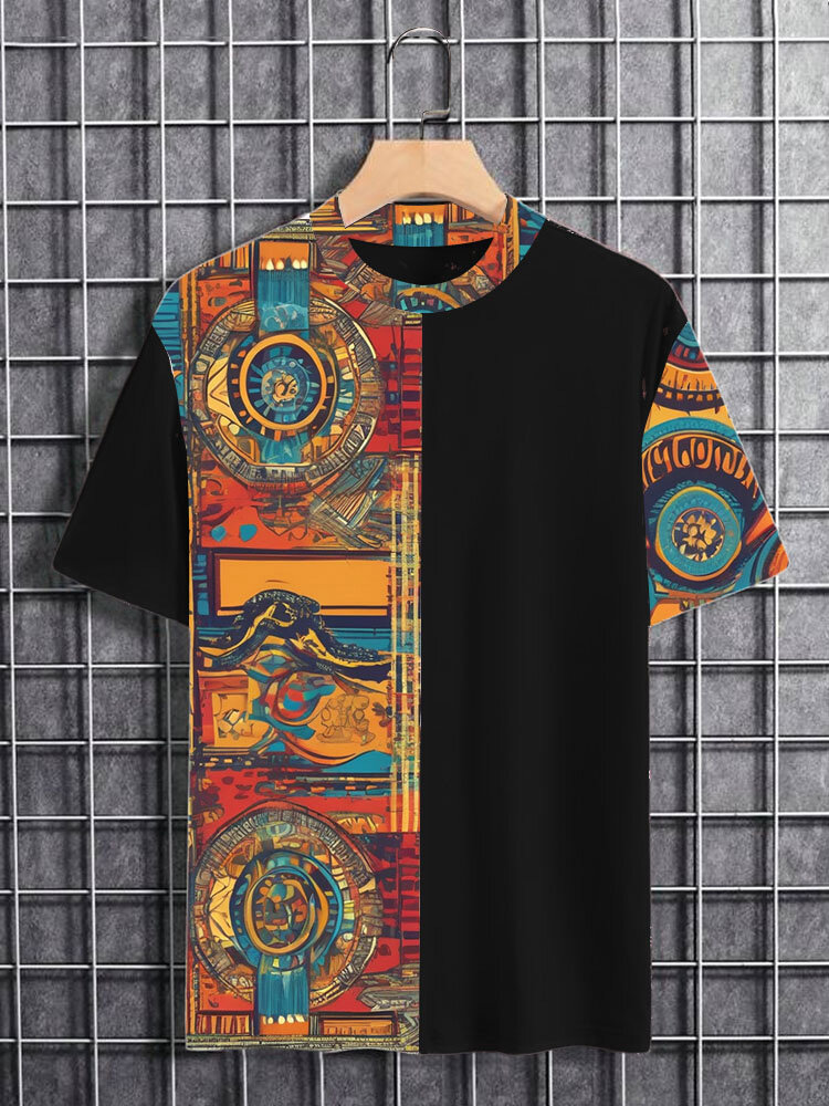 

Mens Ethnic Totem Print Patchwork Crew Neck Short Sleeve T-Shirts, Black