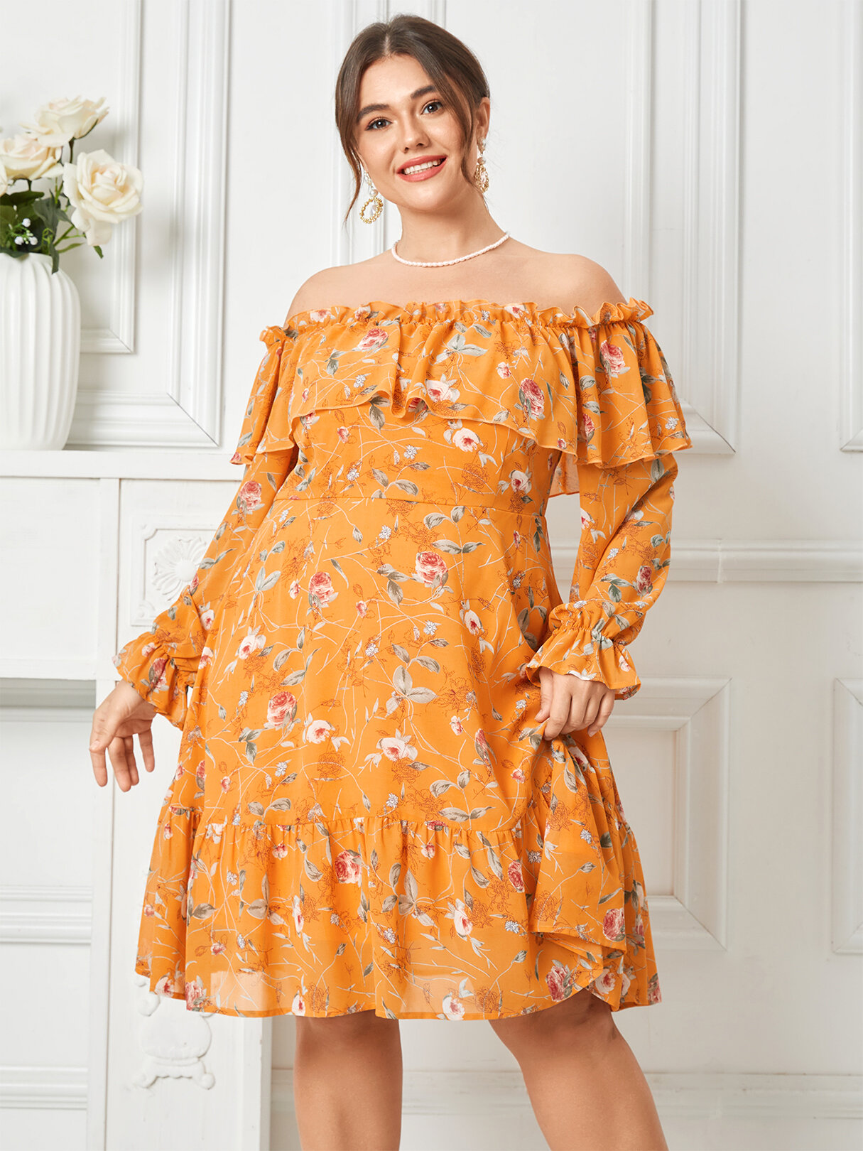 Plus Size Off Shoulder Ruffle Trim Floral Print Midi Dress