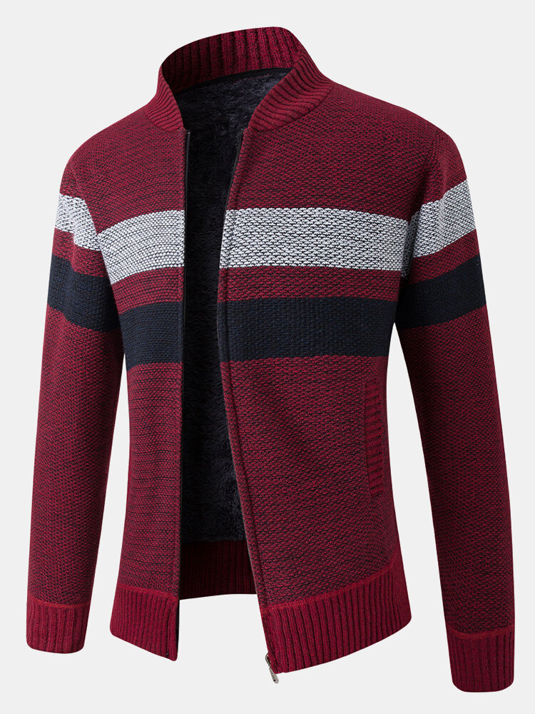 

Mens Patchwork Zip Front Rib-Knit Plush Lined Cotton Cardigans With Pocket, Red;navy;blue;gray;dark gray