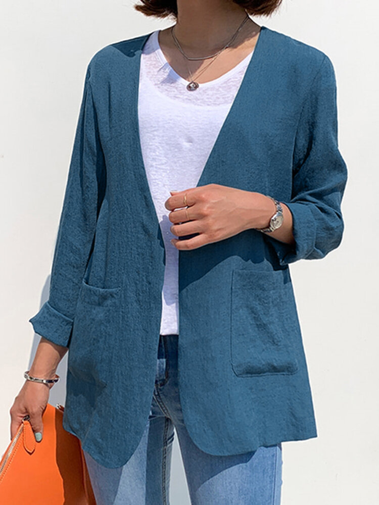

Solid Pocket Open Front Long Sleeve Kimono, Black;blue;khaki