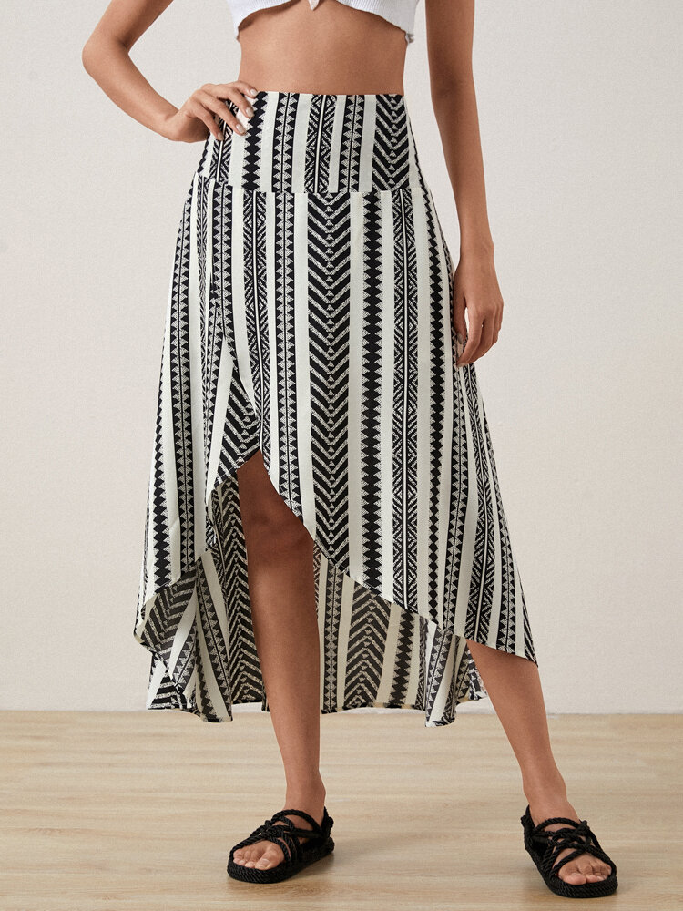 Geo Print Asymmetrical Slit Hem Skirt For Women