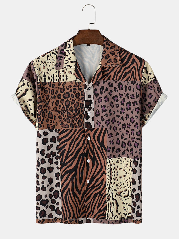 Mens Leopard & Zebra Print Revere Collar Short Sleeve Shirts