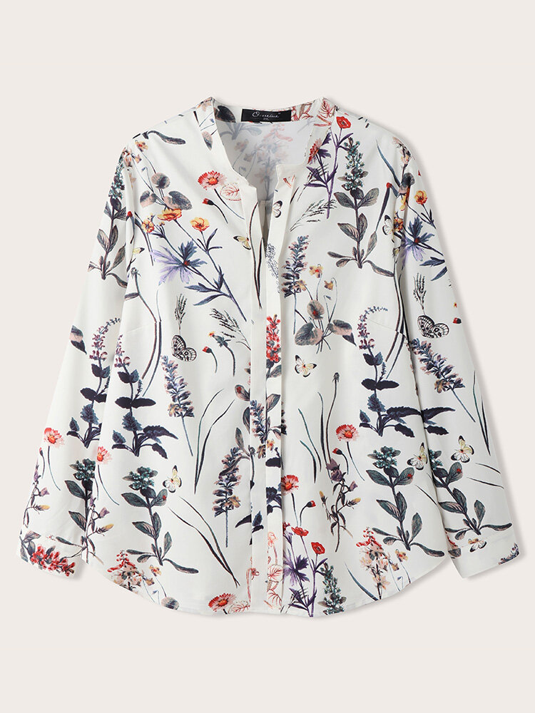 Floral Print Slit Stand Collar Long Sleeve Plus Size Casual Blouse for Women
