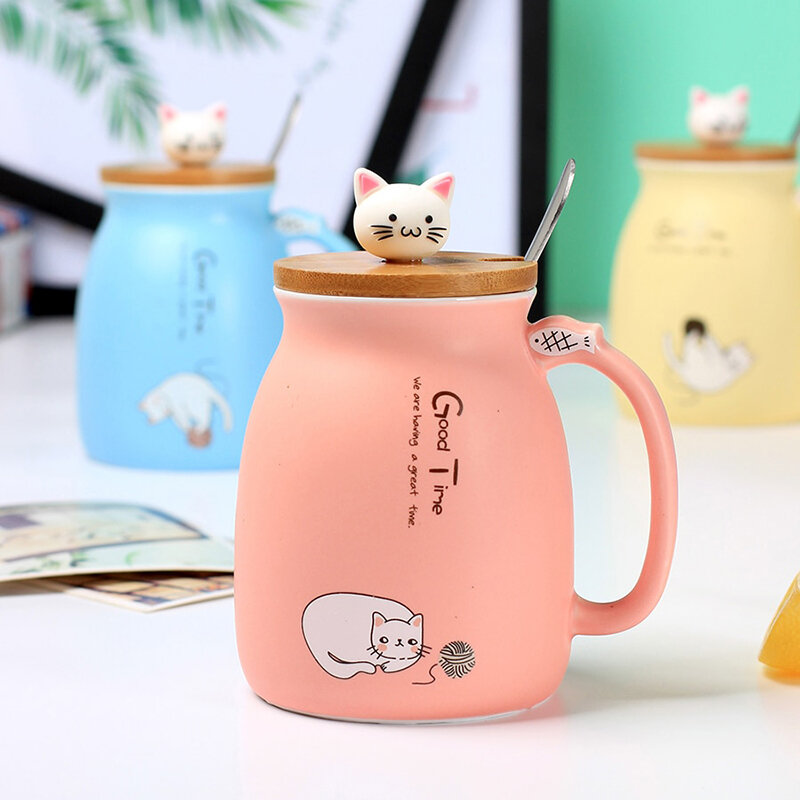 

500ml Ceramic Coffee Mug Lovely Cat Pattern Water Cup With Lid, Purple;yellow;blue;pink