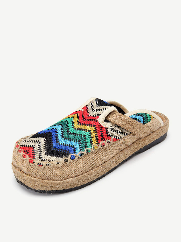 

Rainbow Espadrilles Breathable Flax Casual Flat Backless Loafers, Coffee;white;blue