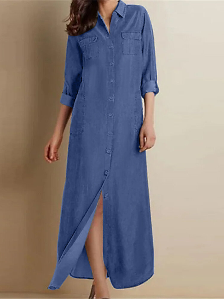 

Solid Lapel Long Sleeve Slit Hem Denim Shirt Dress, Dark blue;blue;black