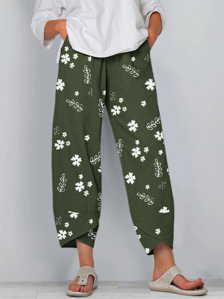 Floral Printed Elastic Waist Casual Loose Pants For Women