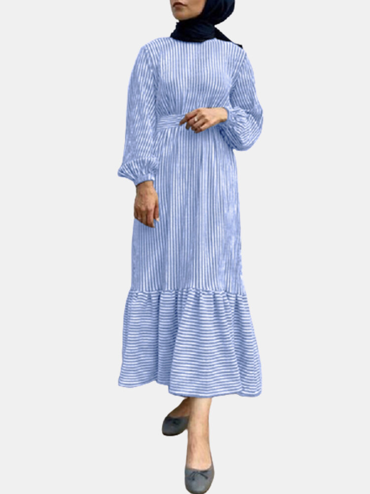 Striped Crewneck Bubble Sleeve Plus Size Casual Dress