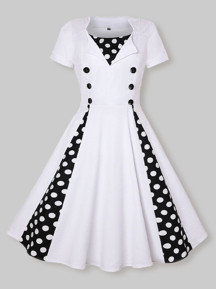 Dot Print Patchwork Short Sleeve Plus Size Vintage Dress for Women