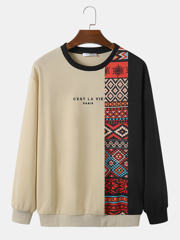 Herren-Sweatshirts mit ethnischem Muster, Patchwork, Langarm und Rundhalsausschnitt