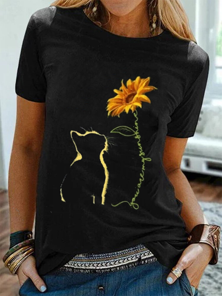 猫とひまわりのプリント半袖カジュアルTシャツ