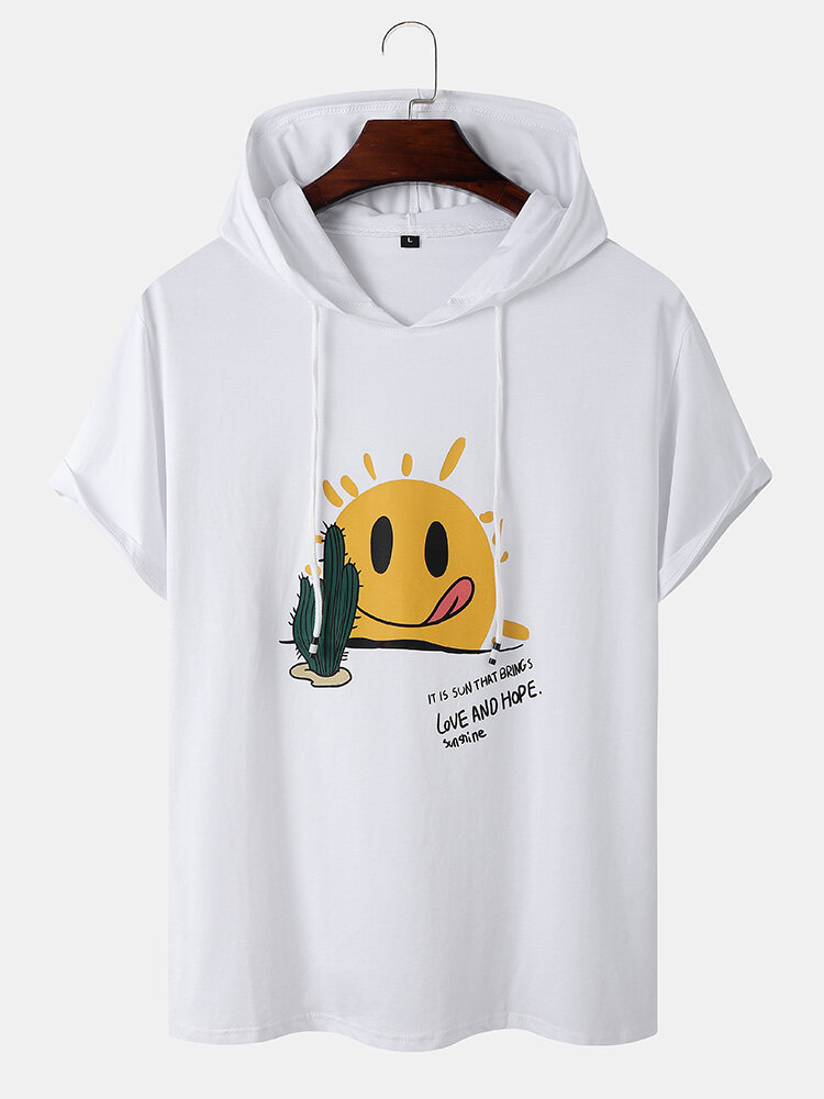 Mens Smile Face & Cactus Print Preppy Short Sleeve Hooded T-Shirts