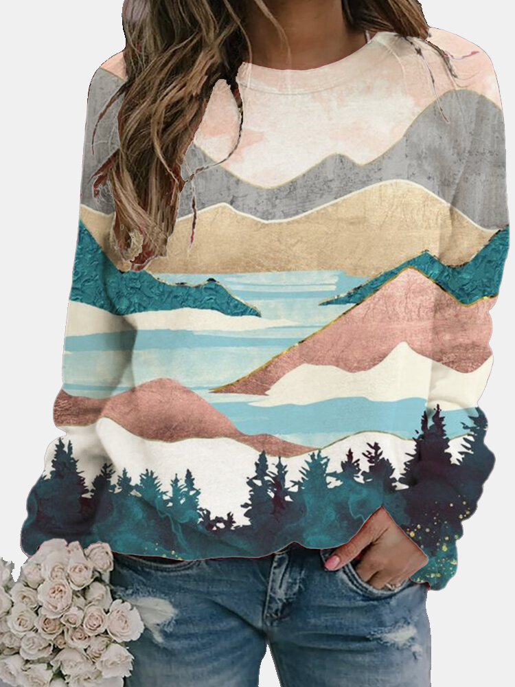 Painting Landscape Printed Long Sleeve O-neck Blouse