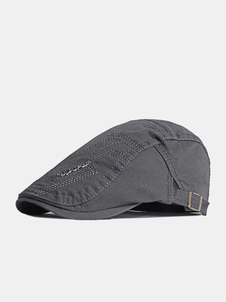 

Men Cotton Solid Color Embroidery Thread Letter Metal Label Casual Sunscreen Beret Flat Cap, Khaki;black;gray;navy;coffee;army green