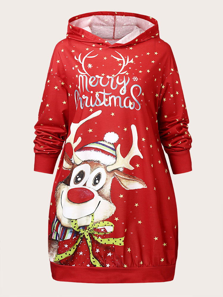 Plus Size Christmas Cartoon Pattern Pocket Hooded Print Dress