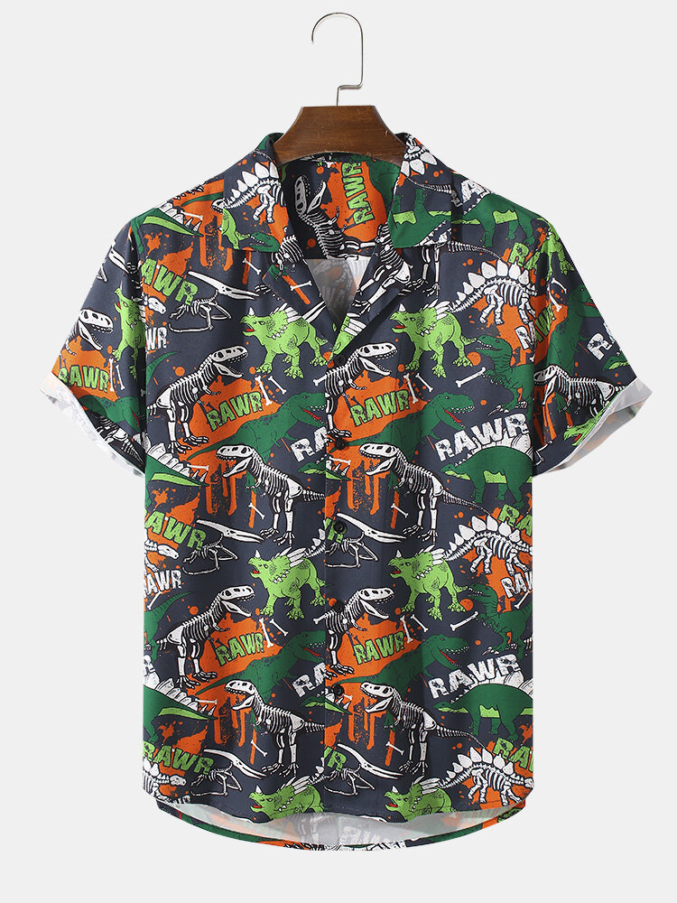 Mens Revere Collar All Over Dinosaur Graphics Short Sleeve Shirt