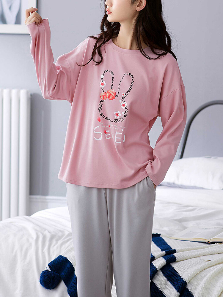 Plus Size Women Cotton Cute Rabbit Letter Printed Round Neck Comfy Sleepwear Set