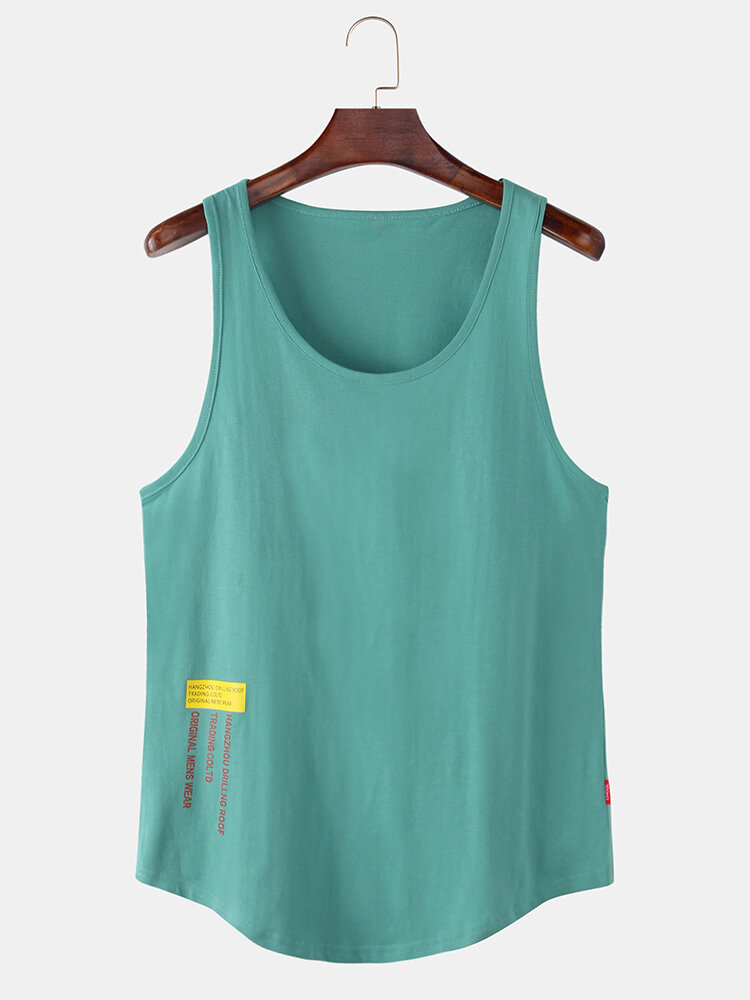 Mens Solid Color Character Print Breathable Loose Sleeveless Tank Top