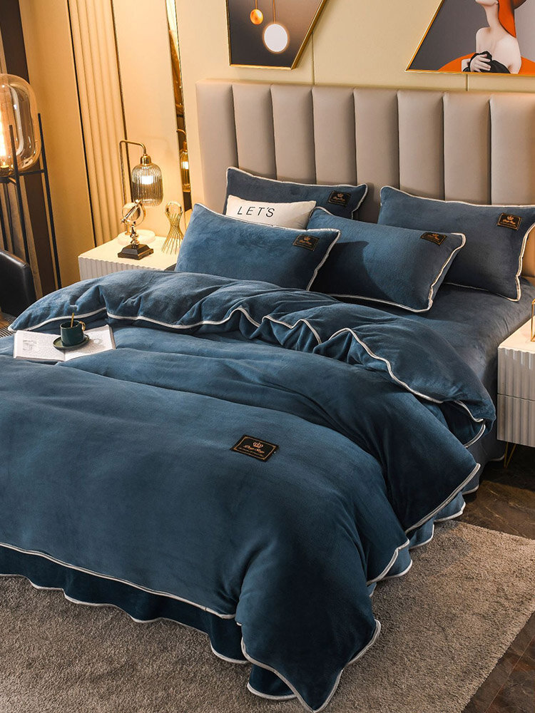 4PCs Milk Velvet Warm Solid Color Bedding Sets Bedspread Quilt Cover Pillowcase