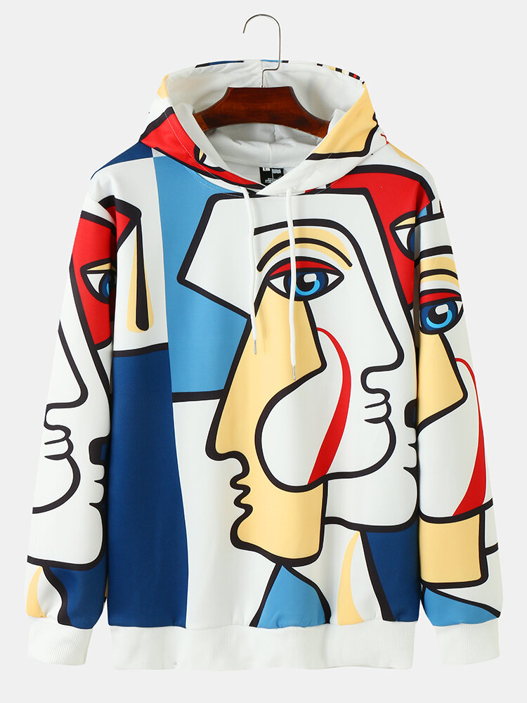 Mens Colorful Abstract Face Print Street Overhead Drawstring Hoodies