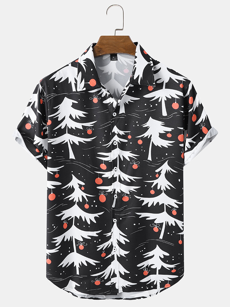 Mens Christmas Tree Printed Lapel Button Up Holiday Short Sleeve Shirts