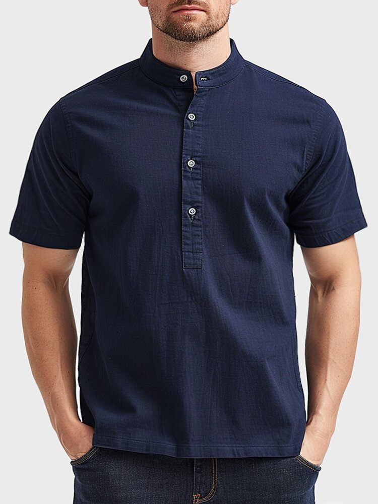 

Mens Solid Stand Collar Half Button Short Sleeve Henley Shirts, Dark blue