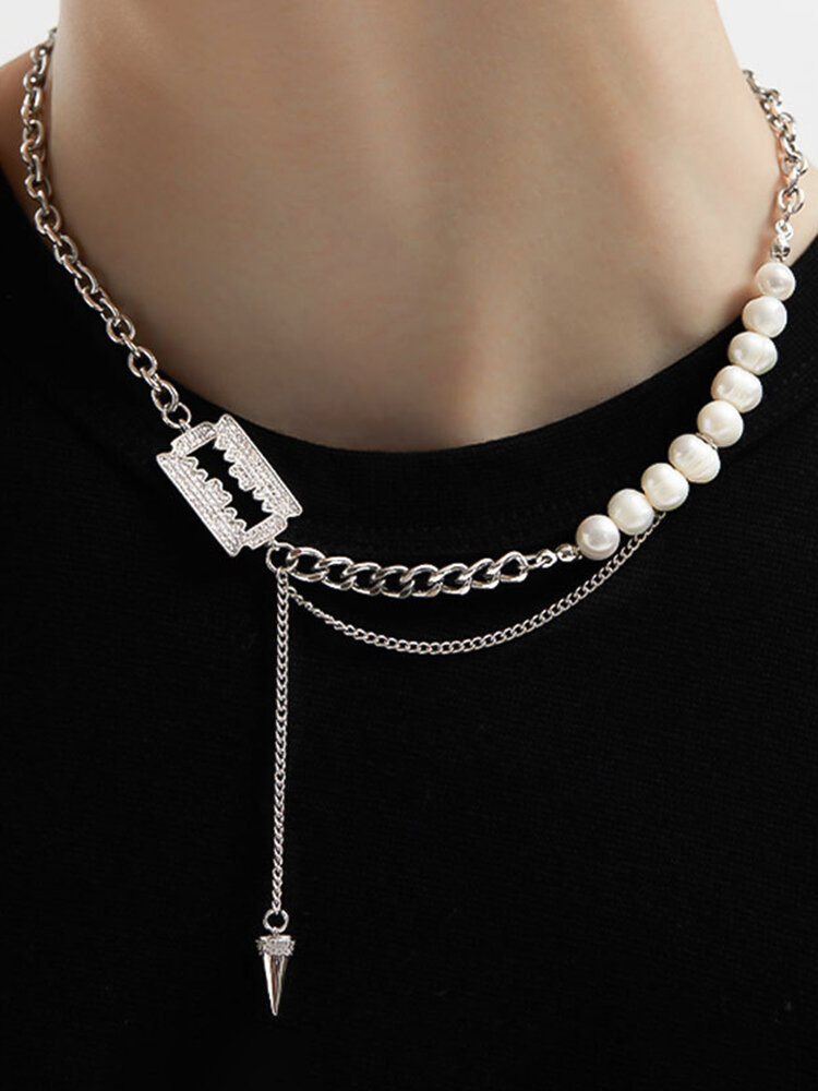 Trendy Personality Blade Pendant Chain Stitching Irregular Freshwater Pearls Beaded Titanium Steel Clavicle Necklace