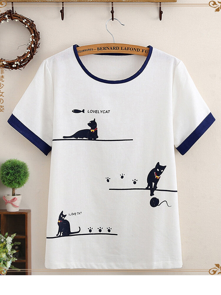 Cat Print Cute T-Shirt Women Short Sleeve Casual Shirt