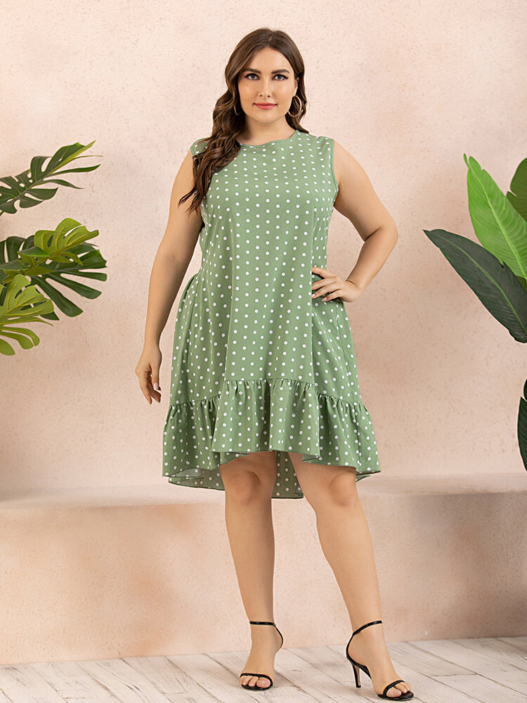 Dot Print O-neck Sleeveless Plus Size Ruffle Dress for Women