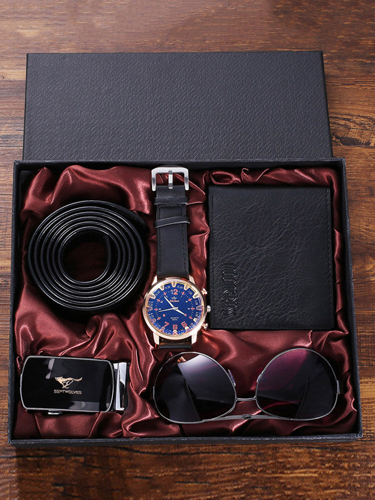 Four Pcs Men Watch Set Business Quartz Watch Glasses Belt Wallet Gift Kit Thanksgiving Christmas Gift