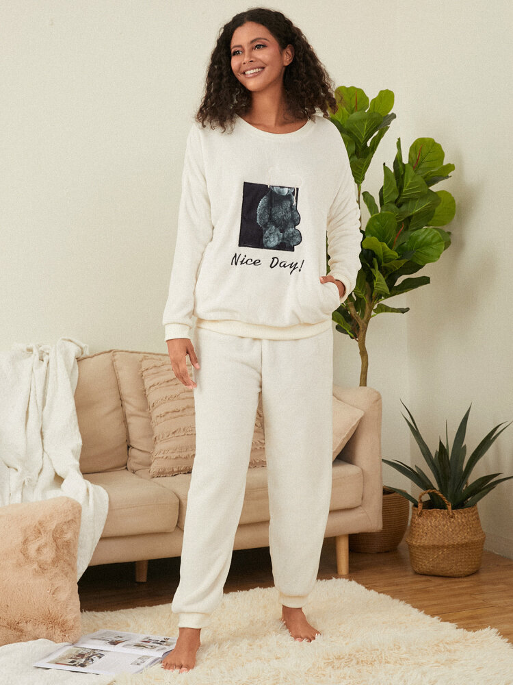 Plus Size Women Double Plush Bear Slogan Embroidered Pullover Pajamas Sets