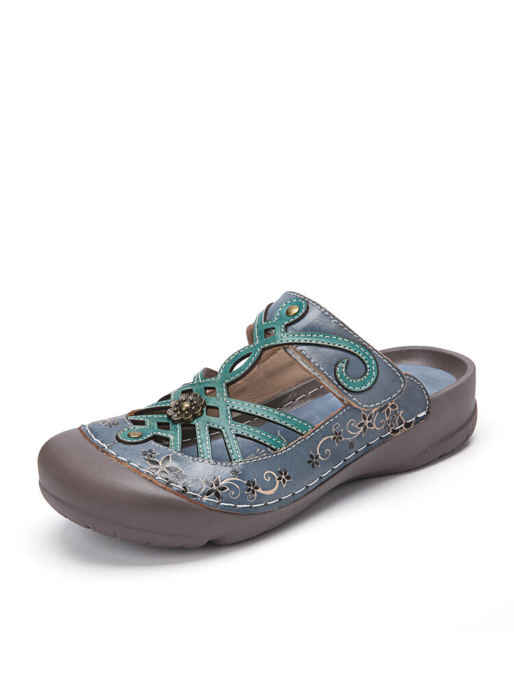 

Socofy Bohemian Floral Print Hollow Out Leather Adjustable Hook Loop Closed Toe Mule Sandals, Blue