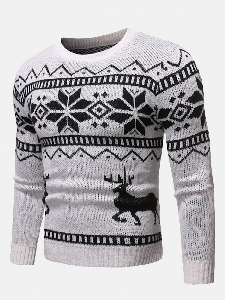 Mens Christmas Pattern Round Neck Slim Fit Casual Knitted Sweater