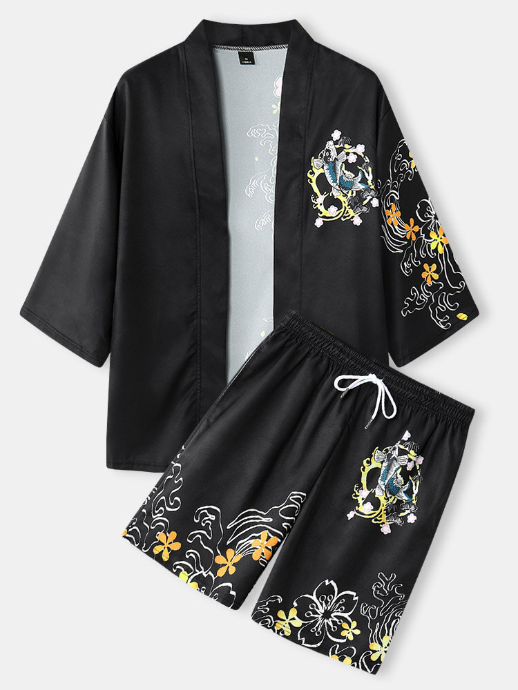 Mens Carp & Floral Print Kimono Japanese Style Two Pieces Outfits