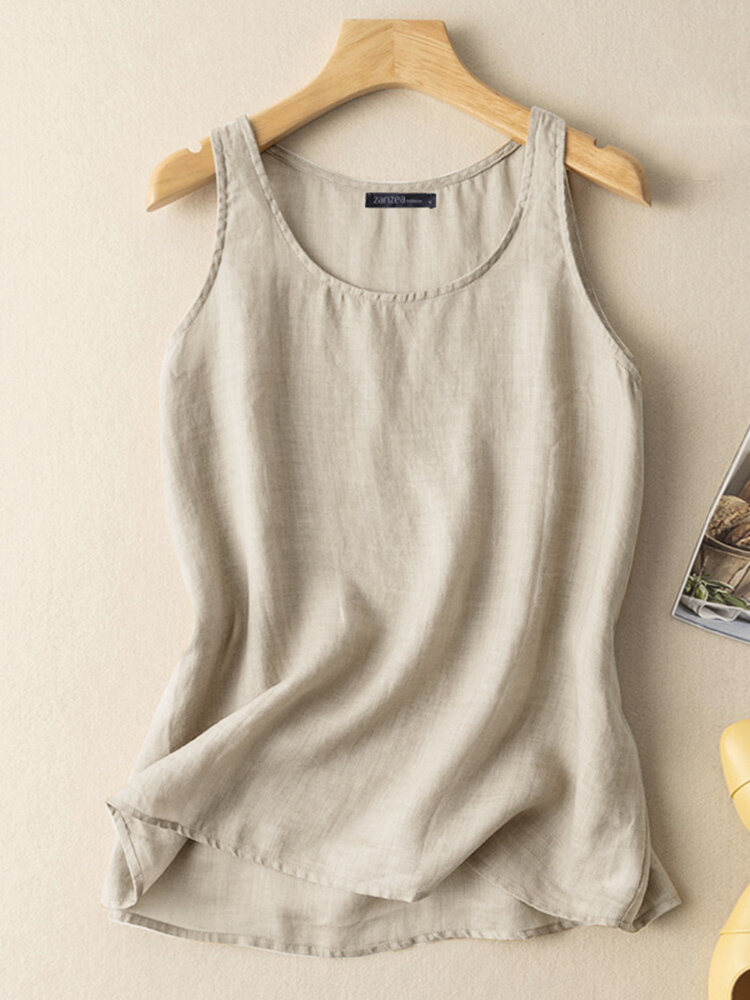 Solid Round Neck Sleeveless Casual Cotton Tank Top