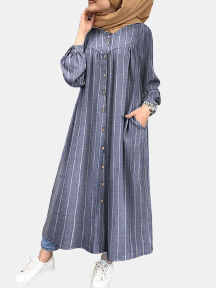 Casual Striped Print Long Sleeve Plus Size Button Dress with Pockets