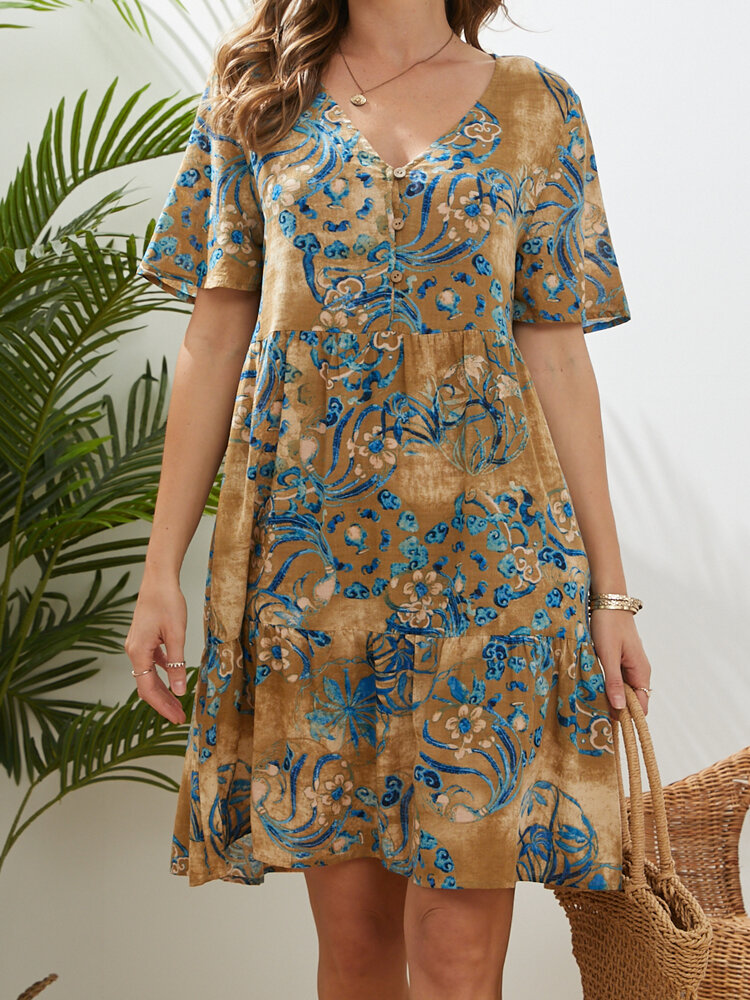 Flower Ethnic Pattern Print V-neck Short Sleeve Midi Dress