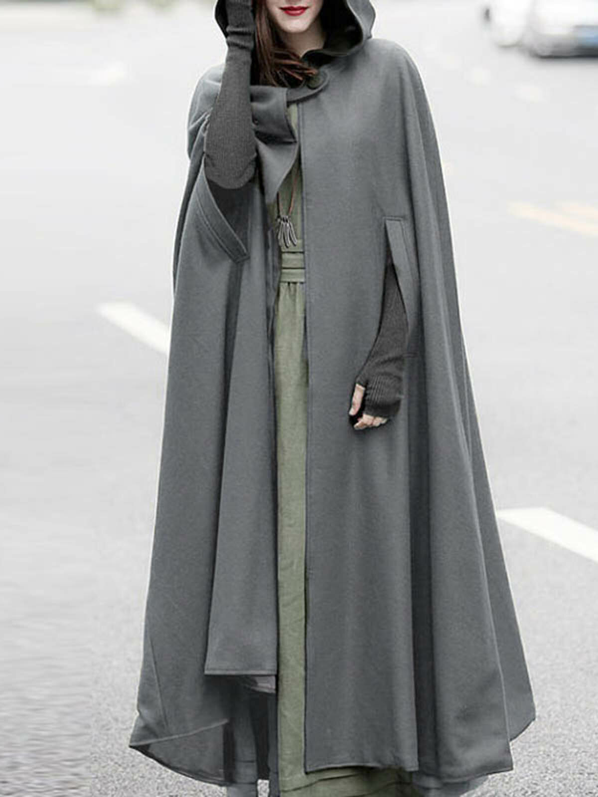 Cappotto da mantello con cappuccio con design a bottoni in tinta unita da donna