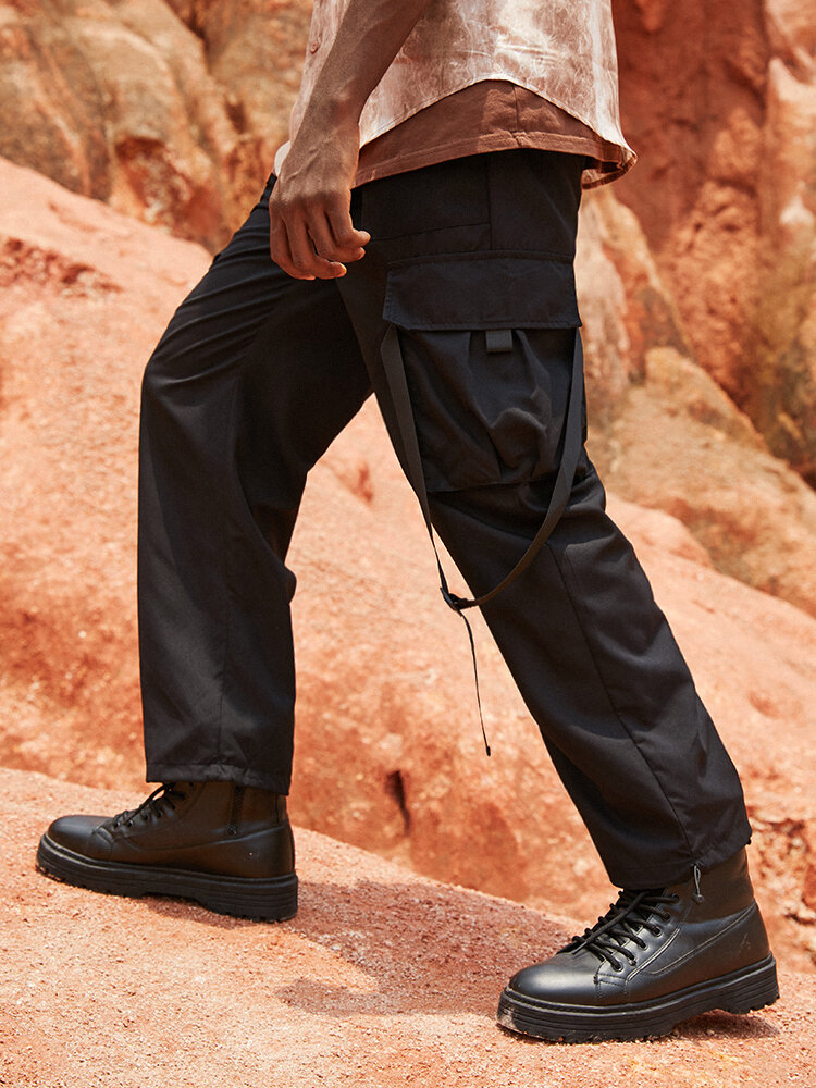 Mens Solid Color Push Buckle Design Drawcord Cuff Cargo Pants